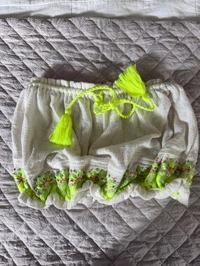 Free people White Smocked Tube Top with Neon Green Tassel Accent